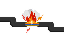 Wire Is Burning Or Fire Damaged Cable. Vector Illustration Flat Icon