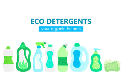 Vector background with eco friendly household cleaning supplies. Natural detergents. Landing page template. Products for house washing. Green home. Online store. Banner, mailing, advertising, label