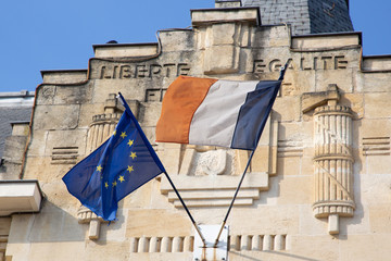 Wall Mural - europa EU and french Flags in town city hall in Bordeaux metropole