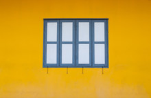 Old Wooden Windows, Classsic Retro Style, White-green Colour With Yellow Wall.