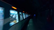 View Of Dark Subway Tunnel. Fast Underground Train Passing. 4k Resolution