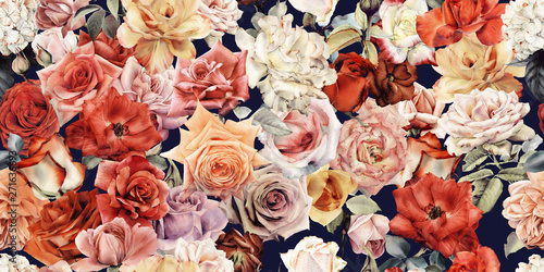 Seamless floral pattern with roses, watercolor