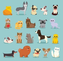 Vector illustration set of cute and funny cartoon pet characters. Different breed of dogs and cats in the flat style