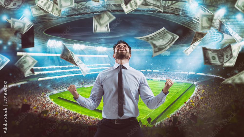 Man who rejoices at the stadium for winning a rich soccer bet - obrazy, fototapety, plakaty 
