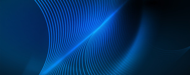 Trendy neon blue abstract design with waves and circles. Neon light glowing effect. Abstract digital background.