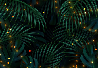 Branch palm realistic. Leaves and branches of palm trees. Tropical leaf background. Green foliage, tropic leaves pattern. illuminated bright lights of holiday garlands. vector illustration