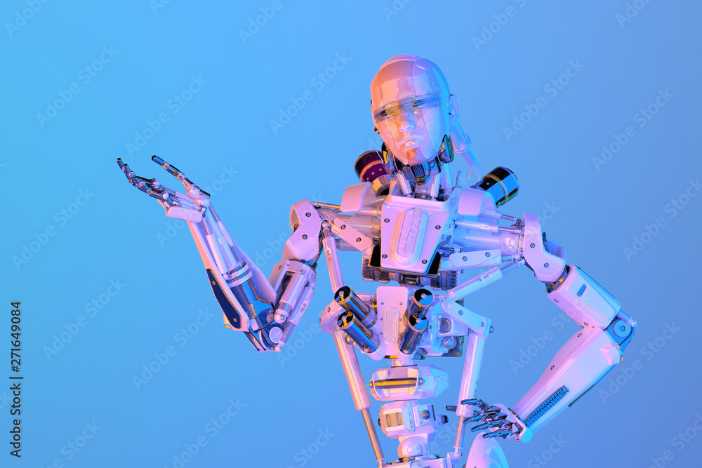 Modern ai humanoid robot cyborg showing something over robot hand with ...