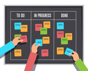 scrum management board, project process sticky note and planning notes, vector illustration