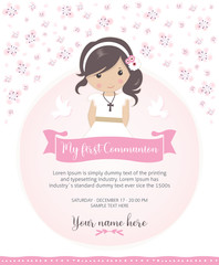 Poster - My first communion invitation. Beautiful girl with communion dress and cute flower frame