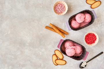 Poster - Berry pink ice cream with serving ingredients. Top view , copy space