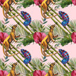Watercolor tropical wildlife seamless pattern. Hand Drawn jungle nature, lemur, hibiscus flowers illustration