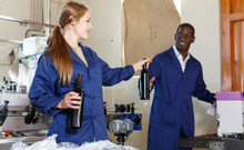 Woman And Man Packing Bottles With New Wine In Box At Winery