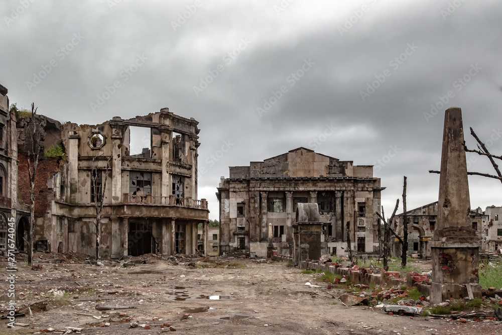 Destroyed house. Remains of old houses. Ruin. Apocalypse. Abandoned city. Ghost town. - obrazy, fototapety, plakaty 
