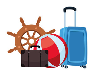 Canvas Print - Travel luggage with beach all and ship wheel