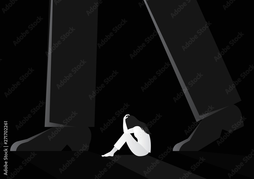 sad woman sitting alone between man walking vector illustration. violence against women. sexual harassment concept - obrazy, fototapety, plakaty 
