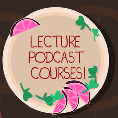 Conceptual hand writing showing Lecture Podcast Courses. Business photo showcasing the online distribution of recorded lecture material Cutouts of Sliced Lime Wedge and Herb Leaves on Color Plate