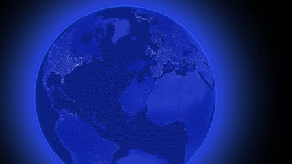 Wall Mural - Spinning Blue Neon Earth to North America. Graphic Design with Transparent and Grid Lines