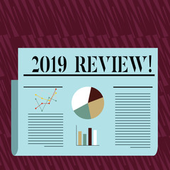 Writing note showing 2019 Review. Business concept for remembering past year events main actions or good shows Colorful Layout Design Plan of Text Line, Bar and Pie Chart