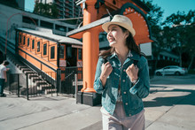 Happy Young Girl Backpacker In Straw Hat Smiling Walking Out From Angels Flight Railway In Los Angeles. Female Traveler Commute By Funicular. Beautiful Woman Enjoy Sunshine Outdoor On Face Joyful.