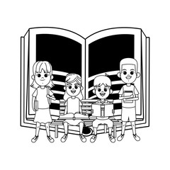 Sticker - young kids with books on a bench black and white