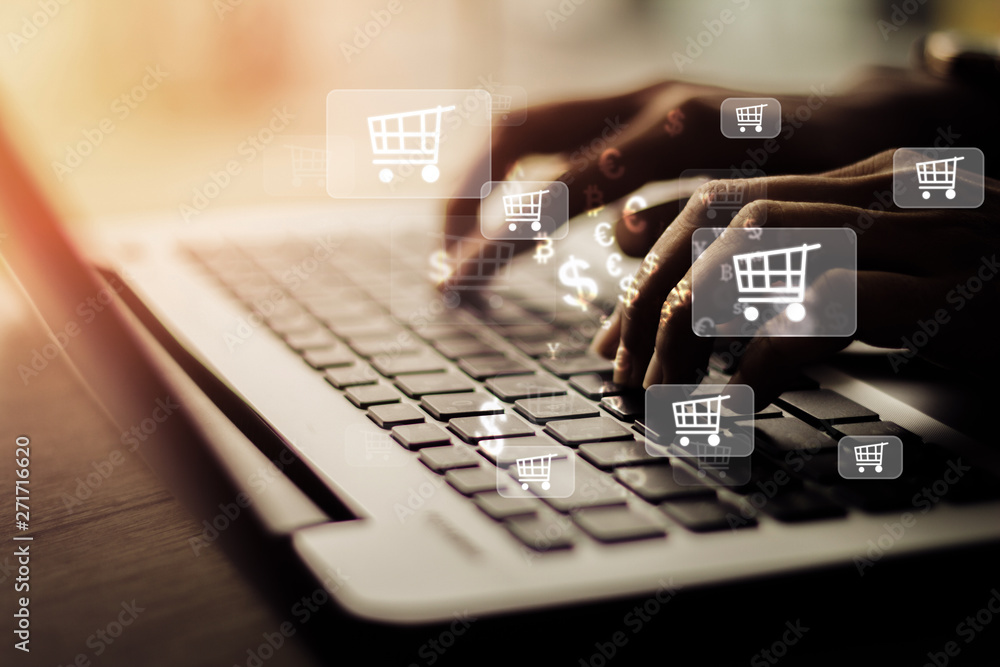 Businesswoman laptop using , online shopping concept. - obrazy, fototapety, plakaty 