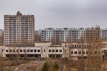 Pripyat, Chernobyl Exclusion Zone. View Of The City Center And Residential Buildings.