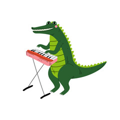 Poster - Crocodile Playing Piano, Cute Cartoon Animal Musician Character Playing Musical Instrument Vector Illustration