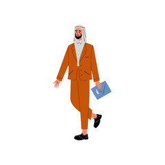 Sticker - Arab Business Man Working with Briefcase, Office Employee, Entrepreneur or Manager Character Vector Illustration