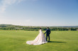 Backside view newlyweds couple holds hands each other, walks on golf club glade