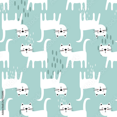 Cotton fabric Happy cats, hand drawn backdrop. Blue and white seamless pattern with animals. Decorative cute wallpaper, good for printing. Overlapping background vector. Design illustration