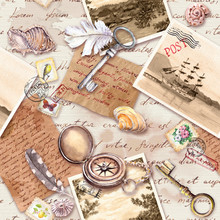 Vintage Travel Seamless Pattern. Aged Paper, Compass, Hand Written Letters, Old Keys, Stamps, Seals, Shells. Letters, Photos