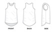Isolated object of clothes and fashion stylish wear fill in blank shirt top. Regular Tee Crew Neck Long Loose Baggy Tee Sleeveless Top Illustration Vector Template. Front, back and side view