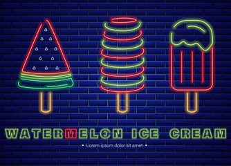 Wall Mural - Watermelon ice cream neon Vector. Delicious dessert design label posters