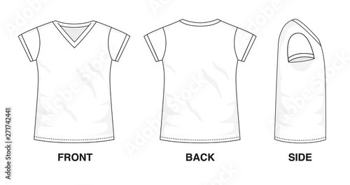 Download Isolated V Neck T Shirt Object Of Clothes And Fashion Stylish Wear Fill In Blank Shirt Regular Tee V Neck Sleeves Illustration Vector Template Front Back And Side View Stock Vector Adobe Stock