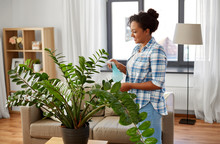 People, Housework And Care Concept - Happy African American Woman Or Housewife Spraying Houseplant With Water Sprayer At Home