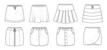 Set Of Summer Sprint Mini Skirts And Fashion Stylish Skirts Collection Template, Fill In The Blank Apparal Tops Bottoms Various Styles. Bow Tie, Pleated, Layered, Zipped, Jeans, Buttons Wrap And Loose