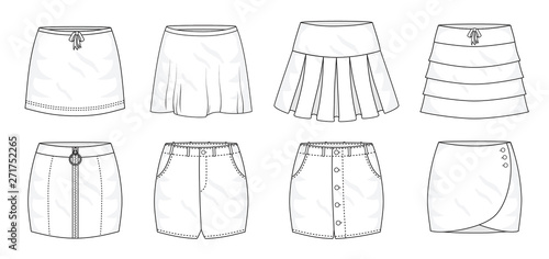 Fotomural Set of summer sprint mini skirts and fashion stylish skirts collection template, fill in the blank apparal tops bottoms various styles