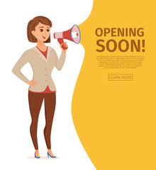 Wall Mural - Woman holding loudspeaker calling for attention vector cartoon illustration