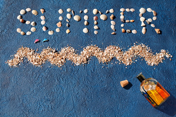 Wall Mural - Word summer made of seashells, sea wave, gold sand, jumping dolphins, colored glass bottle with cork on blue background top view close up, summer holiday concept, sea beach vacation design, copy space