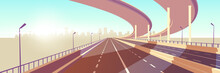 Empty Two-lane Speed Highway, Modern Freeway With Median Barrier, Overpass Or Bridge In Above Going To Metropolis On Horizon Cartoon Vector. City Transport Network Infrastructure Element Illustration