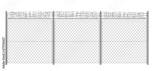 Chain-link, rabitz fence fragment with metallic pillars and barbed or razor wire 3d realistic vector illustration isolated on white background Poster Mural XXL