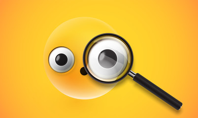 Yellow high detailed emoticon with a realistic magnifyer, vector illustration