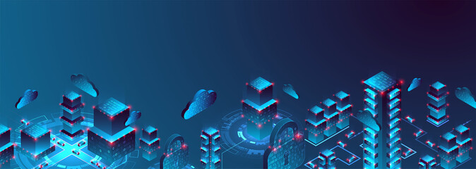 Smart city. Isometric big data concept, database.  Abstract technology background. Vector illustration