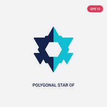 Two Color Polygonal Star Of Six Points Vector Icon From Geometry Concept. Isolated Blue Polygonal Star Of Six Points Vector Sign Symbol Can Be Use For Web, Mobile And Logo. Eps 10