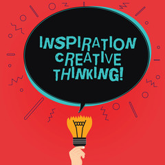 Wall Mural - Writing note showing Inspiration Creative Thinking. Business photo showcasing Ability to come up with fresh and new ideas Oval Speech Bubble Above a Broken Bulb with Failed Idea icon