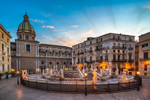 Piazza Pretoria And The Praetorian Fountain In Palermo, Sicily, Italy.