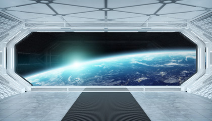 Wall Mural - white blue spaceship futuristic interior with window view on planet earth 3d rendering