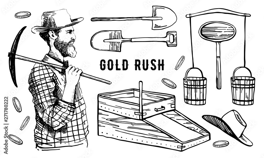 California gold rush vector hand drawn outline vintage illustration set ...