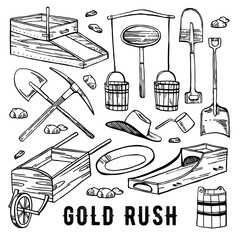 California gold rush vector hand drawn vintage outline graphic set. Historical gold mining tools