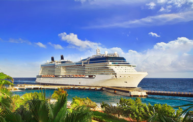 Wall Mural - Cruise ship docked at tropical island on sunny day